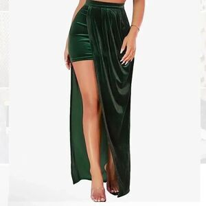 Boho Asymmetrical Velvet High Waisted Bodycon Draped Maxi Skirt Dark Green S